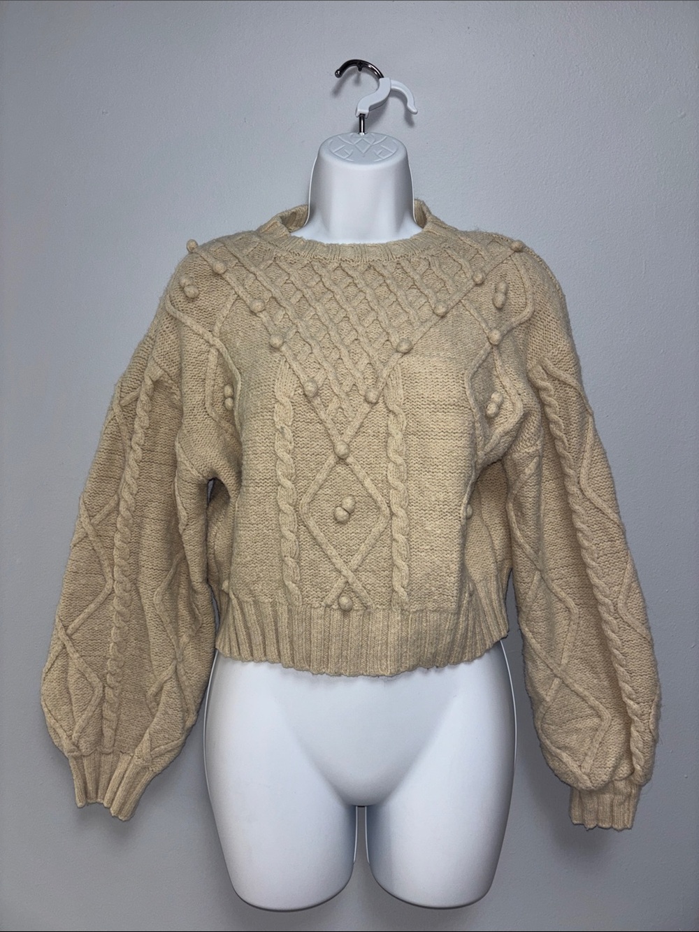PrettyLittleThing Cream Cable Bobble Knit Balloon Sleeve Sweater